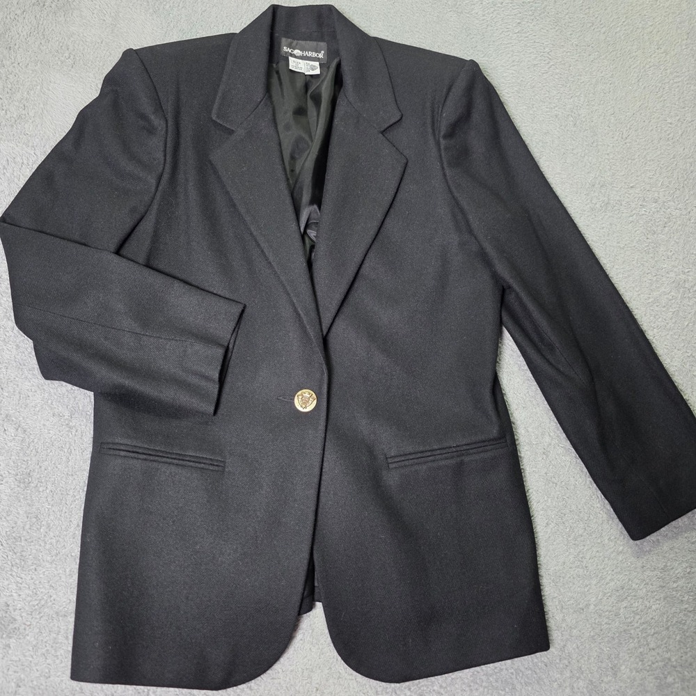 Sag Harbor Womens 12 Blazer Black 100% Wool Single Gold Crest Button Lined